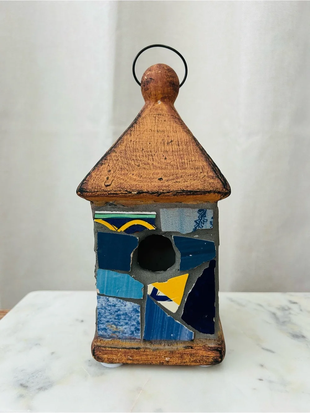 Handmade Mosaic Blue & Yellow Birdhouse Decor - Unbranded